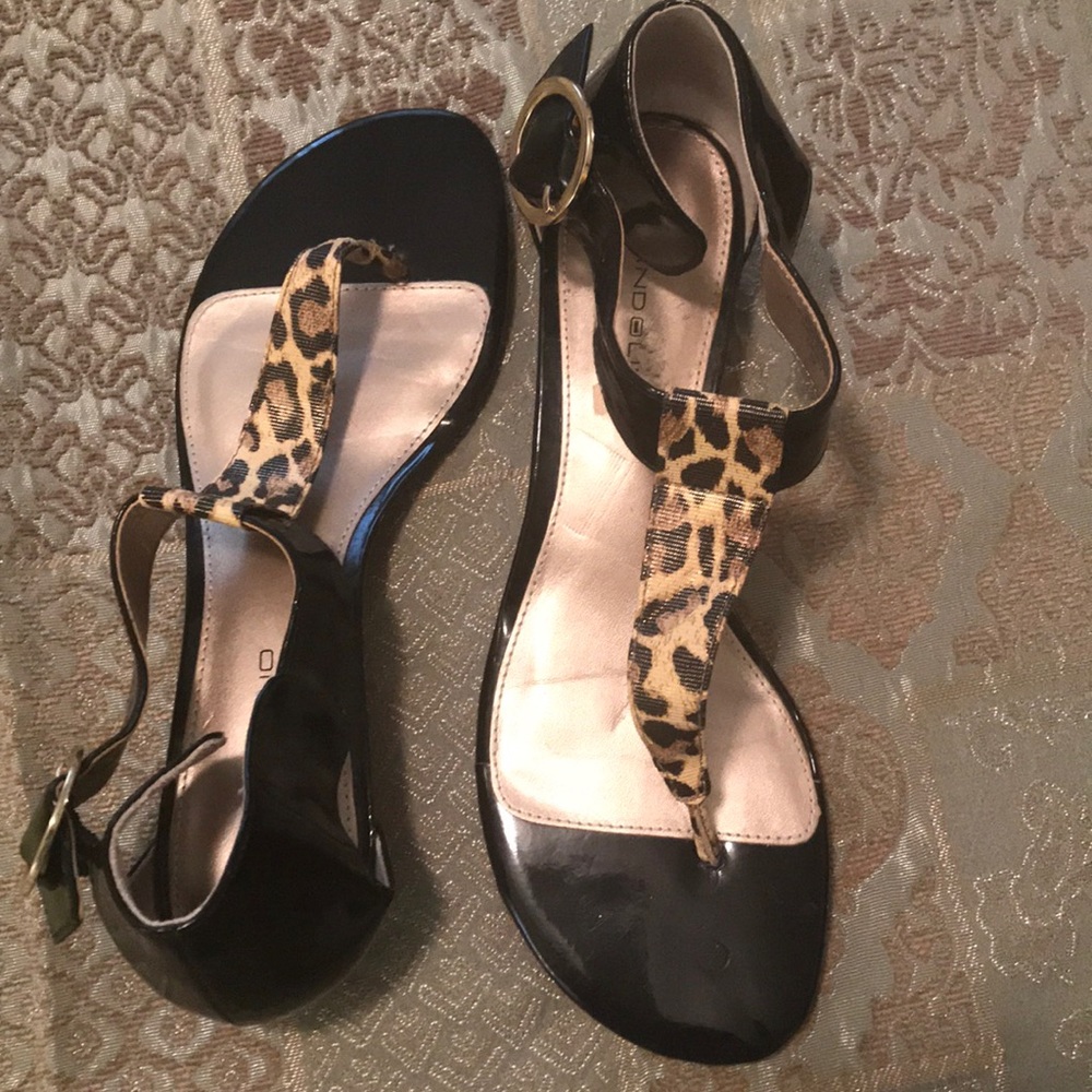 Bandolino leopard and patent leather wedge sandals